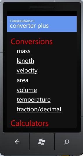 The main menu of the Converter Plus app